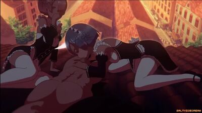 Rem x Ram | Рем и Рам - group sex; handjob; oral sex; minet; blowjob; facefuck; 3D sex porno hentai (by SaltyIceCream) [Re:Zero]