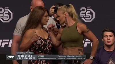 Nicco Montano vs Valentina Shevchenko. UFC 25th Anniversary Press Conference Staredown 2