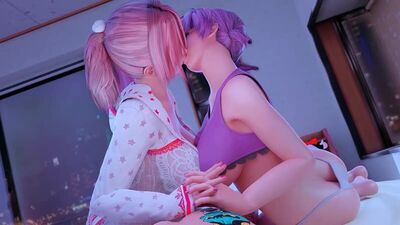 Honoka x Ayane - yuri; lesbian; kissjob; 3D sex porno hentai; [Dead or Alive]
