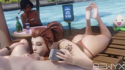 Brigitte x Pharah - oral sex; minet; blowjob; deepthroat; facefuck; camera; handjob; 3D sex porno hentai; [Overwatch]