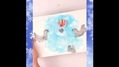 МОРСКИЕ КОТИКИ, ИГРАЮЩИЕ В МЯЧ. Оригинальный детский рисунок - игра на зимнюю тему.