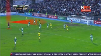 Момент с незасчитанным голом Кубани (Томь - Кубань)