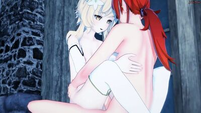 Diluc трахает Lumine раком. мужской удар, хентай.