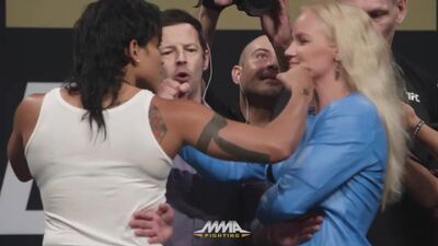Amanda Nunes vs. Valentina Shevchenko UFC Summer Kickoff Presser Staredown - MMA Fighting