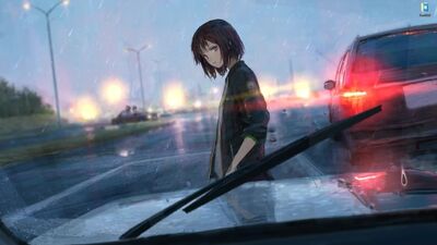Аниме девушка в дождь на дороге - живые обои для Wallpaper Engine